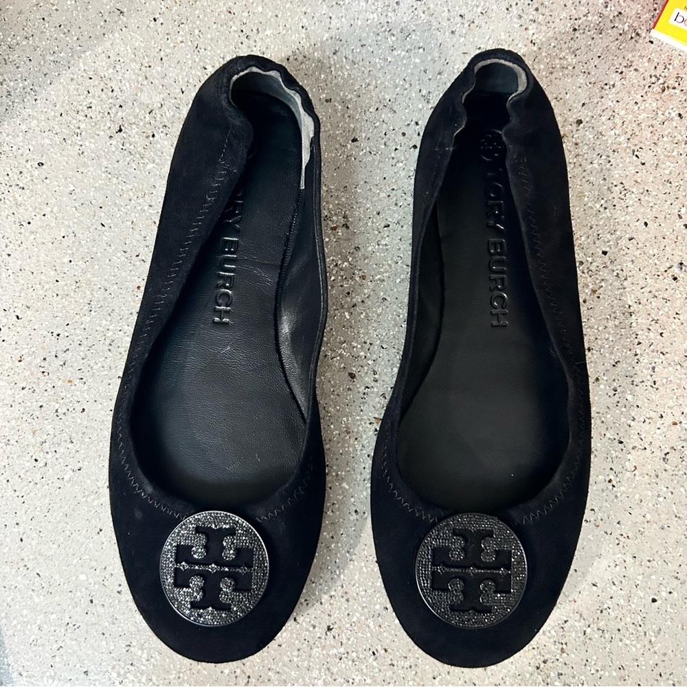 Tory Burch Black Suede Loafers with Signature Emblem